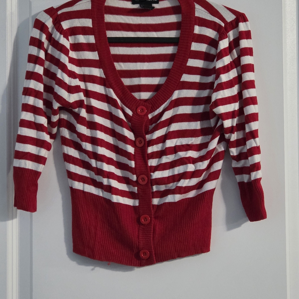 Red and White Striped Women's 3/4, Cropped Cardigan